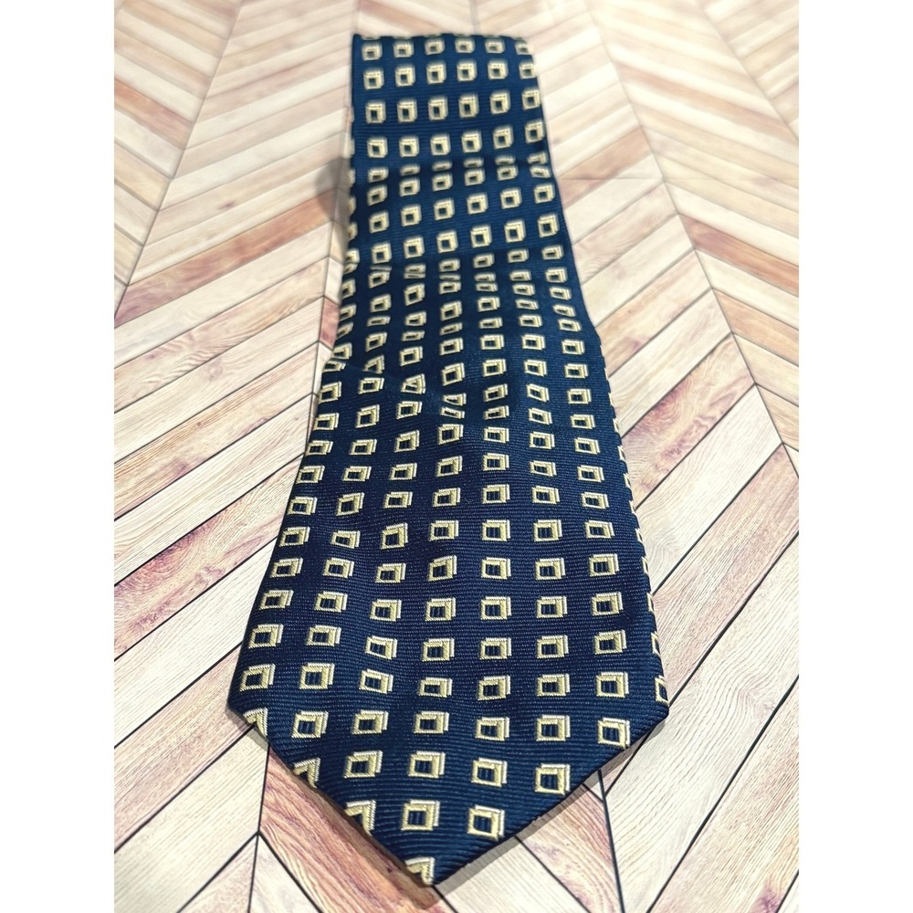 Lands End Mens‎ Navy Silk Tie With Gold Square Pattern Geometric Necktie